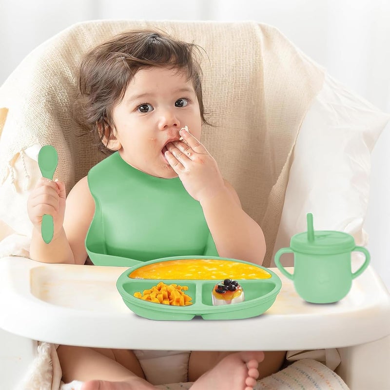 Dormlony 100% Silicone Baby Feeding Set,BPA Free Baby Dishes Set with Suction Bowl Divided Plate,Toddler Self Feeding Dish Set with Spoons Forks Sippy Cup and Bib, Baby Eating Utensils (Neon Green) - Image 2